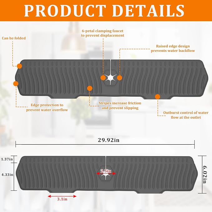 30 Inch Sink Splash Guard, Longer Silicone Sink Mat - Image 2