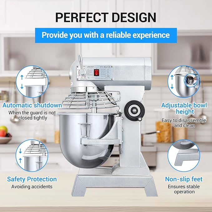 15Qt Commercial Food Mixer, Commercial Dough Mixer 600W 2-Speeds Adjustable, Heavy Duty Electric Stand Mixer with Stainless Steel Bowl for Kitchenaid and Pizzeria (Simple)