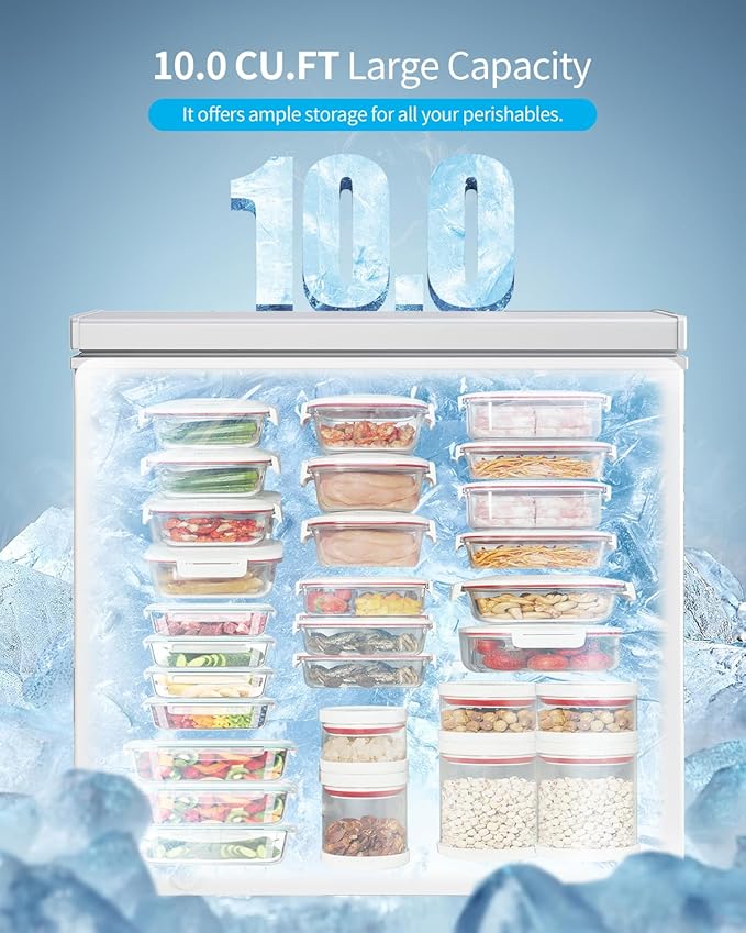 TABU 10 Cu Ft Chest Deep Freezer, Large Chest Freezer with 7 Level Adjustable Temperature,Compact Freestanding Top-opening Deep Freezer with Removable Storage Basket, White