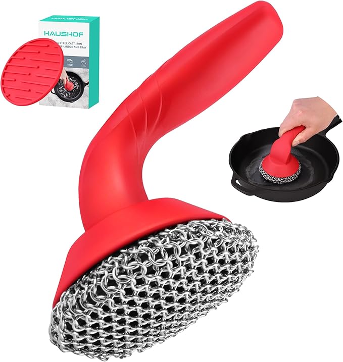 HAUSHOF Cast Iron Scrubber with Long Handle, Chainmail Scrubber Cast Iron Cleaner for Pan, Kitchen Cleaning Kit for Grill, Dutch, Oven