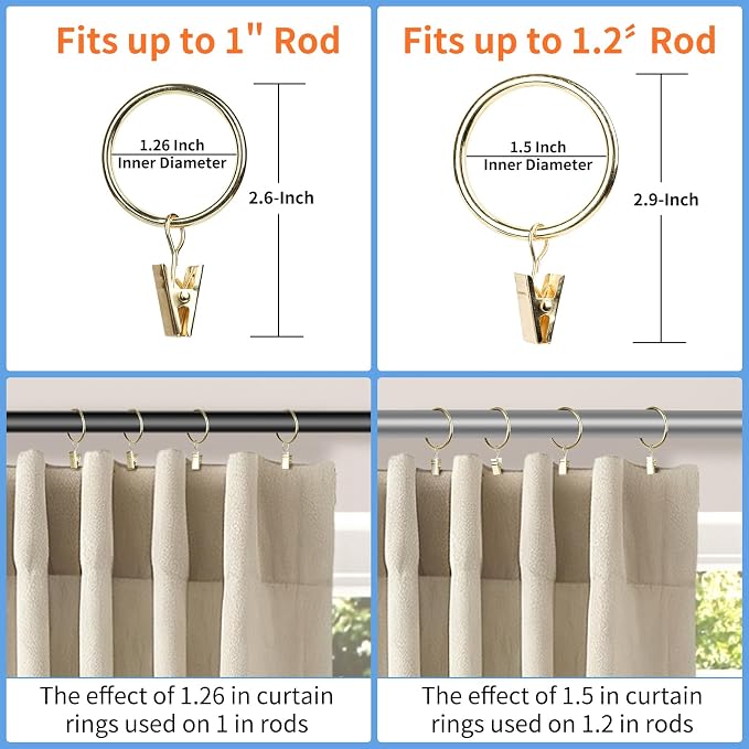 Curtain Rings with Clips, 42 Pack Metal Drapery Rings with Clips Hooks Hangers - Image 3