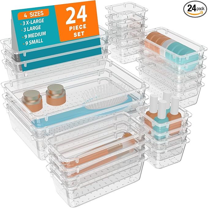 WOWBOX 24 PCS Clear Plastic Drawer Organizer Set, 4 Sizes Desk Drawer by WOWBOX