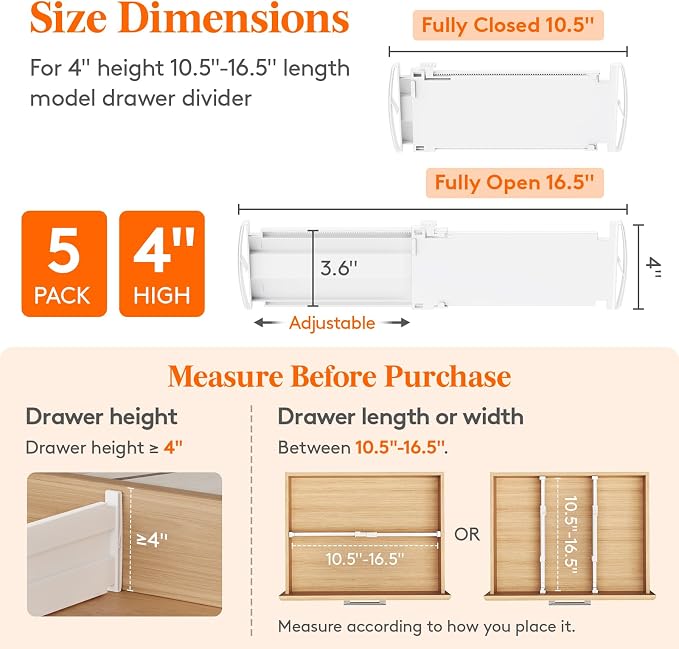 Lifewit 5 Pack 4" High Drawer Dividers, Adjustable Drawer Organizer Clothes | - Image 2