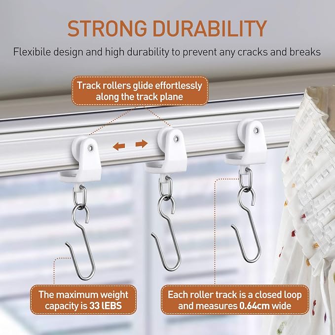 Jetec 60 Pcs Curtain Track Hooks Rollers Ceiling Mount S Hooks, Straight Curved - Image 3
