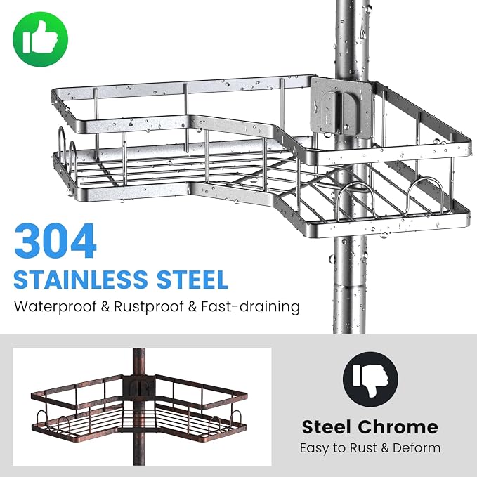 Adjustable Shower Caddy Tension Pole: Rustproof Corner Bathroom Shelves - Image 3