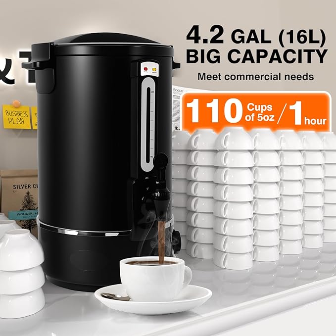 Commercial Coffee Urn, 110-Cup 16L Fast Brew Stainless Steel Hot Beverage Dispenser ，Electric Hot Water Urn for Wedding, Party, Catering with Easy Cleaning. Black Dispenser (Double Wall)