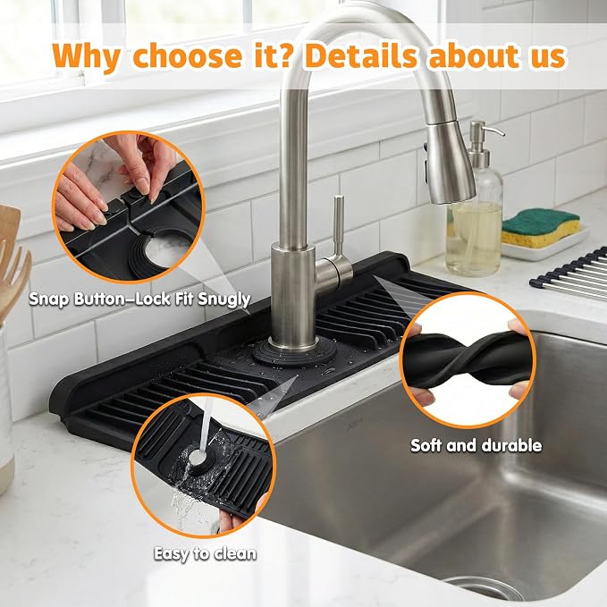Silicone Faucet Mat for Kitchen Sink, fits kitchen & bathroom sinks; food-grade - Image 4
