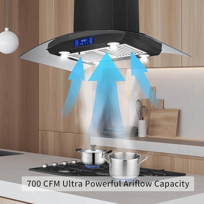 36 inch Island Range Hood 700CFM Black Painted Stainless Steel, Gesture & Touch Control Panel Ceiling Mount Kitchen Vent Hood Ducted/Ductless Convertible Extractor, Exhaust Fan 4 LED Lights