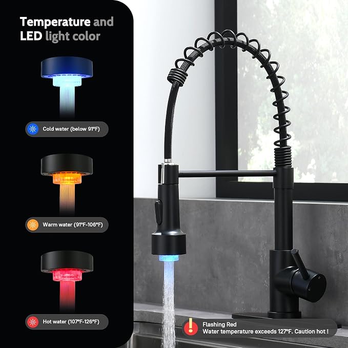 WEWE LED Kitchen Faucet, 2-Mode Sprayer, Matte Black, High Arc | 17-Inch Height - Image 2