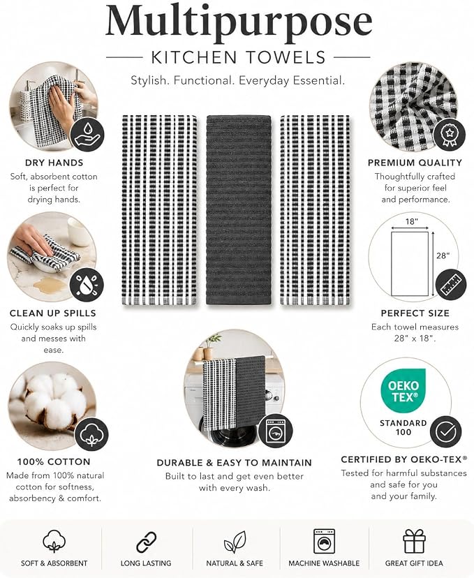 Serafina Home Thanksgiving Kitchen Towels- Set of 3 100% Cotton Solid Dark Gray - Image 4
