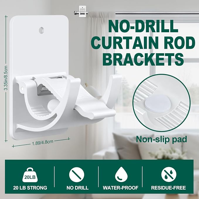 No Drill Curtain Rod Brackets, Self Adhesive Curtain Hooks 20lb, Nail Free - Image 3
