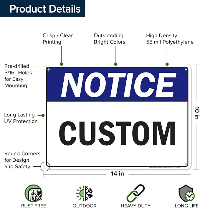 Custom Safety First Sign, Ansi Sign, Osha Compliant, 10x14 Inches, 55 mil thick HDPE (high density polyethylene), Made in USA by My Sign Center