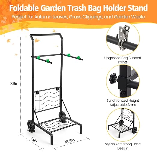Foldable Leaf Bag Holder, 30-45 Gallon Mobile Trash Bag Stand | Removable Arms - Image 2