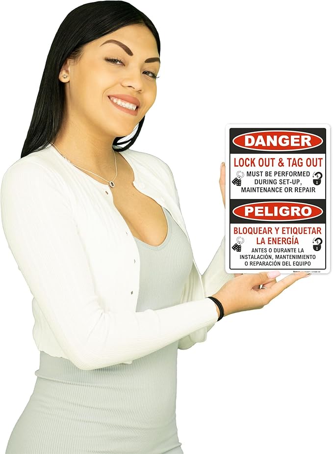 Brimar - 7 x 10" - Bilingual Danger Lock Out & Tag Out Sign - 3.5 Mil InfiniStick™ Vinyl Label - Clear Text And Symbol - Easy Installation
