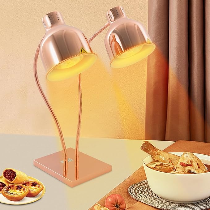 Food Heat Lamp Warmer Rose Gold, 500W Double Bulbs Buffet Display Heating Preservation Light, Electric Portable Infrared Heating Lamp with 360°Adjustable Head (Rose Gold)