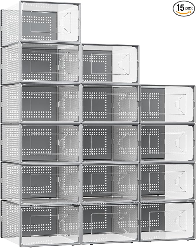 Foluck X-Large Shoe Storage Box, 15 Pack Clear Plastic Stackable Shoe Organizer by Foluck