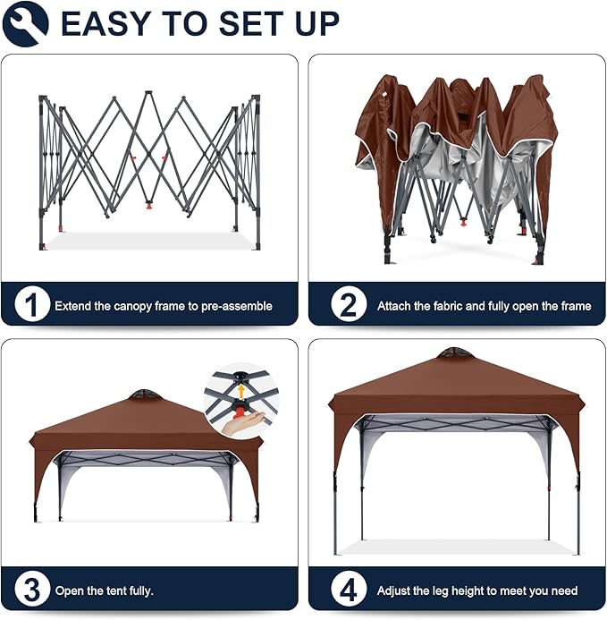 COOSHADE Pop Up Canopy Tent, 10x10 Easy Setup Instant Canopy Sun Shelter Beach Tent, Portable Sports, Brown