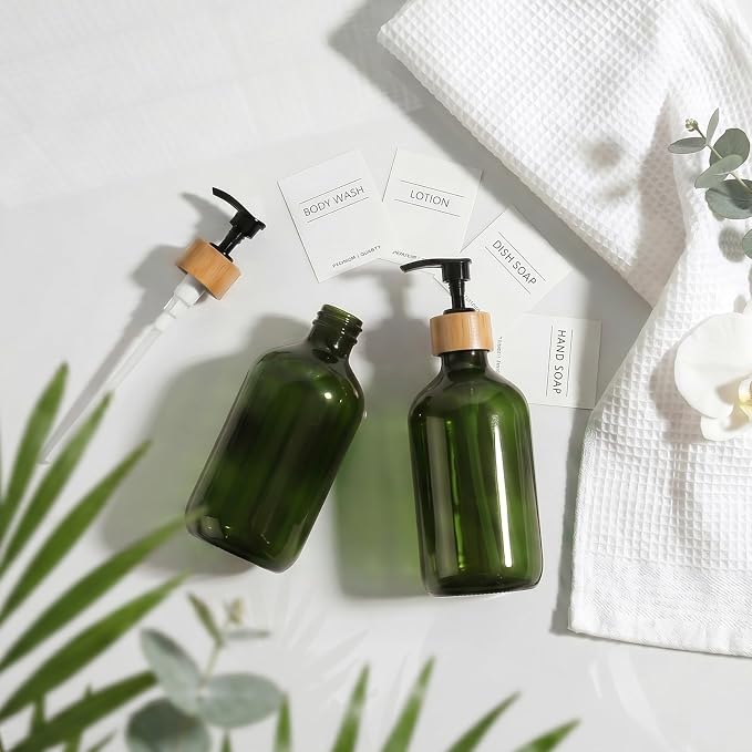 KASUNTING Green Soap Dispenser, Plastic Bathroom Soap and Lotion Dispenser Set - Image 5