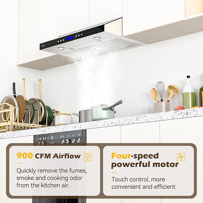 EKON 30 Black New inches Under Cabinet Range Hood, 900 CFM Stainless Steel Kitchen Chimney Vent, 4 Speed Touch Screen Control With Remote 2Pcs 3W LED lights Dishwasher-safe Filters Fan Timer