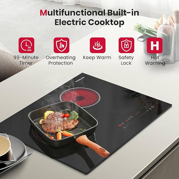 GASLAND 21 Inch Electric Cooktop for Apartment, ETL Certificated 2 Burners, 3700W Built-in Radiant Stove Top With 16 Power Levels, 240V Ceramic Stovetop, Slide Touch Control