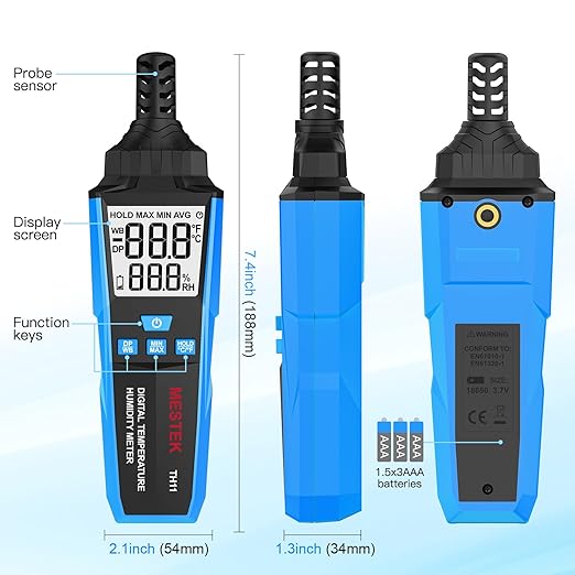 MESTEK Temperature Humidity Meter, High Precision Digital Hygrometer with Ambient, Dew Point, Wet Bulb Temperature for Indoor Outdoor, Thermometer with Min/Max, Data Hold, LCD Backlight, TH11
