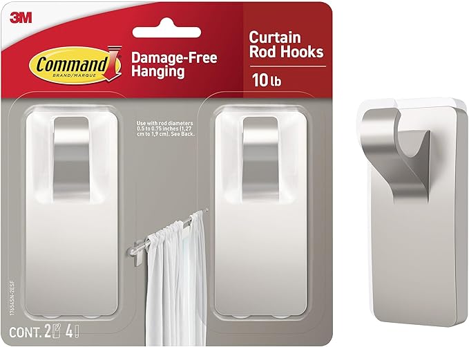 Command Medium Satin Nickel Curtain Rod Hooks, 2 Hooks, 4 Strips | No Drilling by Unknown
