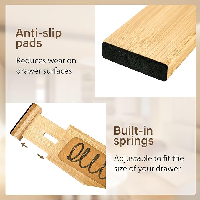 Adjustable Bamboo Drawer Dividers of 4, Expandable Organizers | Spring-Loaded - Image 3