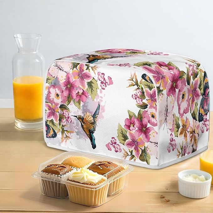 Hummingbird Flower Print Toaster 2 Slice Cover Stain Resistant Bread Maker Cover Dust Fingerprint Protection Kitchen Home Decor