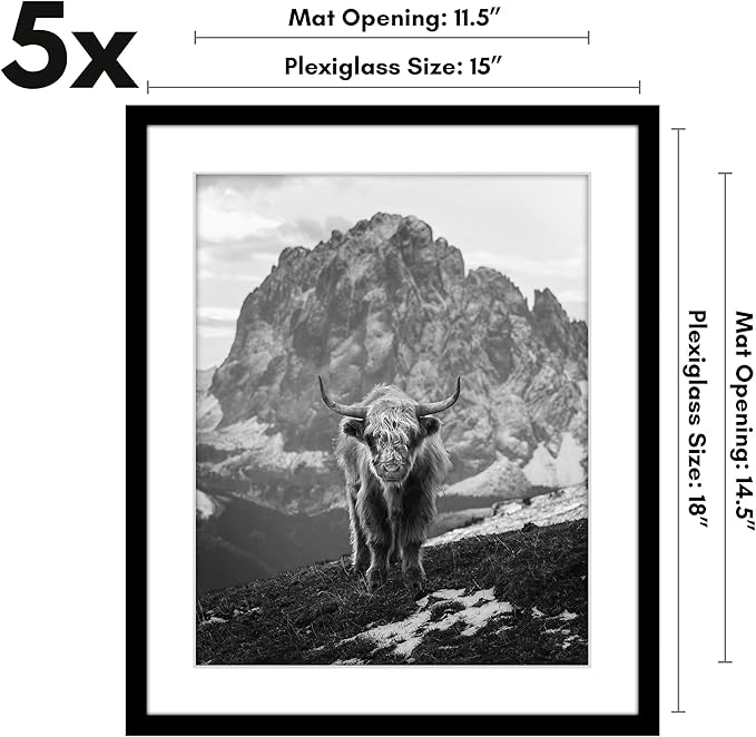 Americanflat 15x18 Picture Frame with Polished Plexiglass - Set of 5 - Use as 12x15 Frame with Mat or Display 15x18 Photo Without Mat - Galleria Collection - Picture Frames for Wall Display - Black