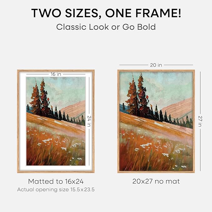 Homeforia 20x27 Picture Frame Natural Wood, High End Oak 20x27 Light Wooden Poster Frame with Mat 16x24, 20 x 27 Frames Matted to 16 x 24 Photo, 27x20 Hanging Frame, Tempered Glass, Wall Kit, Set of 3