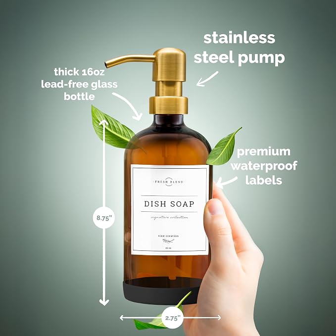 Vine Creations Amber Glass Soap Dispenser Set, Dish Soap Dispenser Bathroom | - Image 5