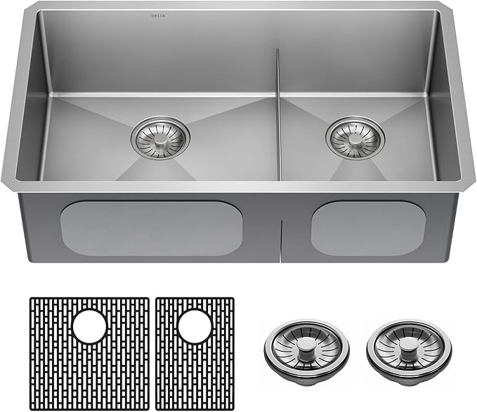 DELTA FAUCET Delta Lenta 32-inch Undermount 16 Gauge Stainless Steel Double Bowl Kitchen Sink with Accessories, 953034-32D6-SS, Satin, 32 Inch - Double Bowl