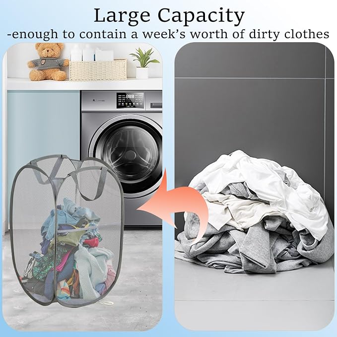 Foldable Mesh Laundry Baskets 2 Pack Large Side Pocket Strong Handle - Image 7