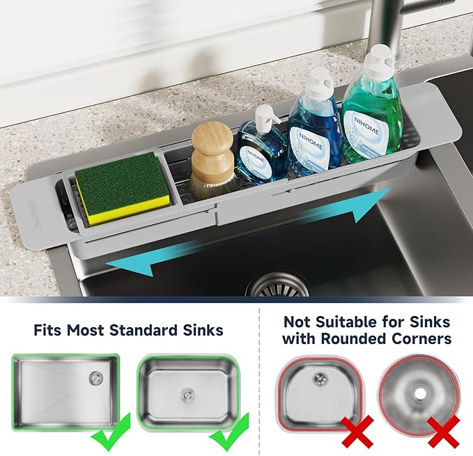 NiHome Extendable Kitchen Sink Caddy Extra Long Brush Sponge Storage Holder - Image 5
