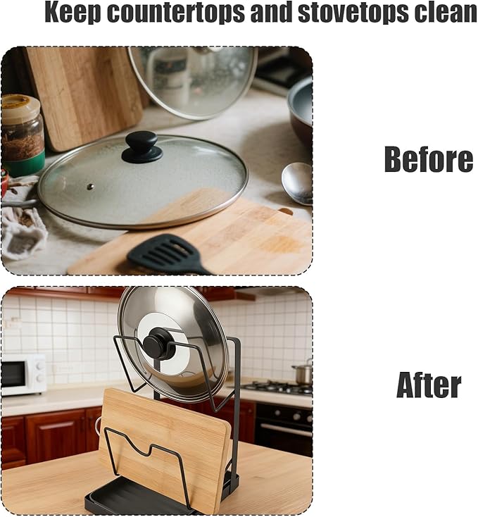 Pot Lid Holder, Multifunctional Kitchen Pot Lid Cover Organizer Rack Spoon Rest with Removable Drip Tray Pan Storage While Cooking for Countertop Organization