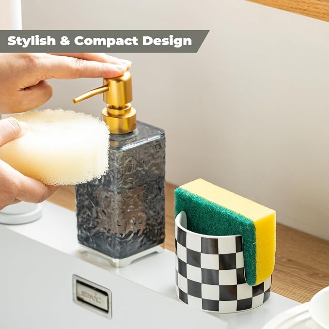 Zoeeker Sponge Holder for Kitchen Sink, Ceramic Checkered Dish Sponge Rack - Image 5