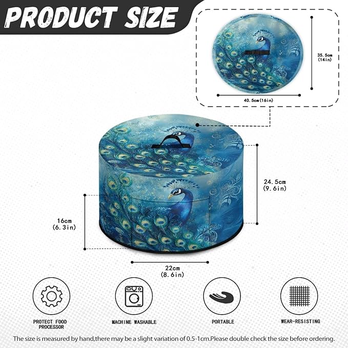 Blue Peacock Floral Print Slow Cooker Cover Fits 6/7/8 Quart Large Crock Pot Practical Electric Pressure Cooker Cover Keep Kitchen Clean and Easy to Use, 16x14x9.6 Inch