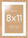 Homeforia 8x11 Picture Frame Wood, High End Natural Oak 8 x 11 Light Wooden Frames with Mat 6 by 9 inch Photo, 8by11 Frame Matted to 6x9 Art, Wall or Tabletop Frame, Tempered Glass, Wall Kit, Set of 1