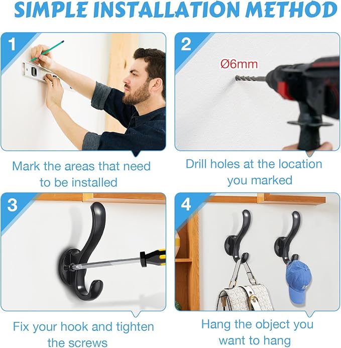 4 Pack Coat Hooks Wall Mount Heavy Duty Utility Retro Double Hooks - Image 5