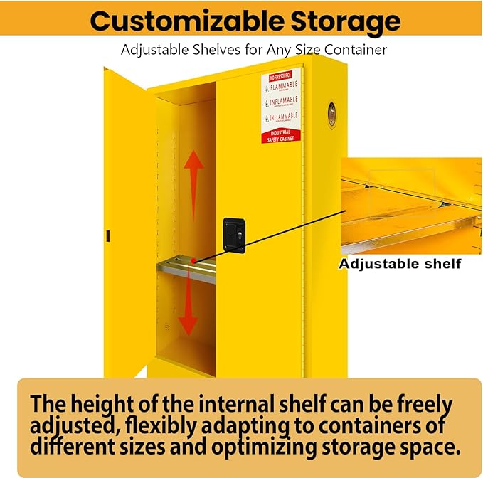 392 Gal Flammable Liquid Storage Cabinet with 3-Point Locking System and Adjustable Galvanized Shelves, Metal Flammable Storage Cabinet for Laboratory Chemical Storage, Gasoline Cans Yellow