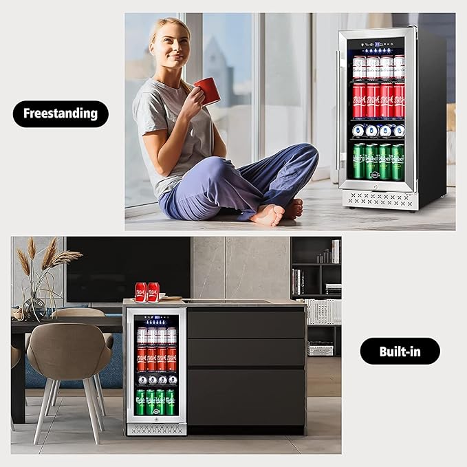 Tylza 15 Inch Beverage Refrigerator, 130 Cans Quiet Beverage Fridge, 15'' Beverage Cooler Under Counter with Glass Door and Lock for Built-in or Freestanding With Temperature Memory Function TYBC100