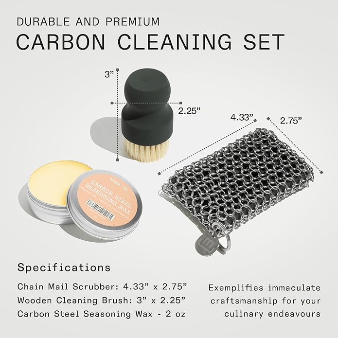 Made In Cookware - 3-Piece Carbon Steel Cleaning Set - Includes Chain Mail Scrubber, Cleaning Brush and Carbon Steel Seasoning Wax
