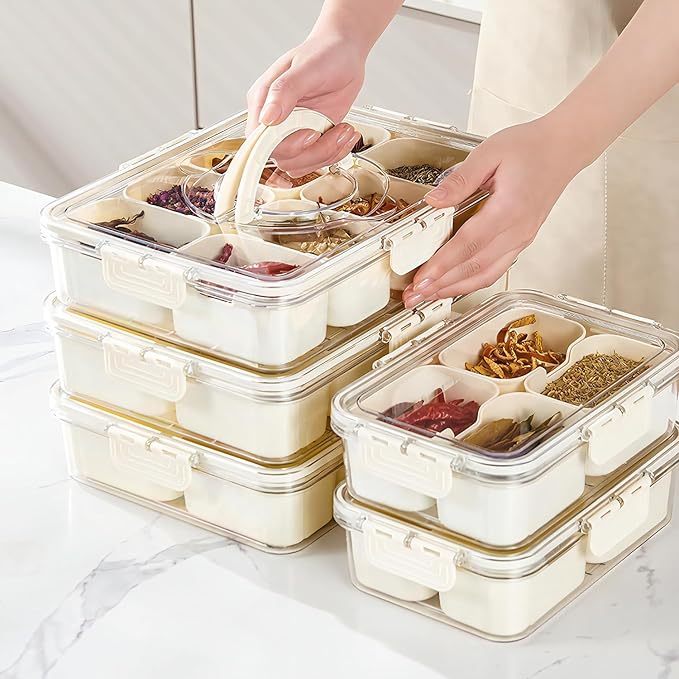 Eanpet Divided Veggie Tray with Lid and Handle 8 Compartment Serving Tray with Dividers Portable Travel Snack Containers Stackable Snackle Box Charcuterie Container for Fruit,Vegetable,Salad