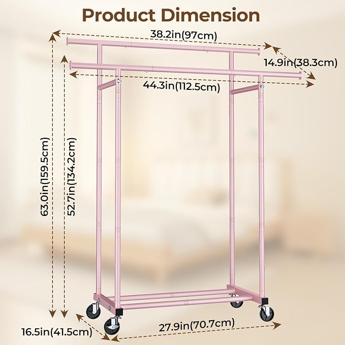HYSEYY Double Rods Clothes Rack, Sturdy Rolling Clothing Rack, Portable - Image 7