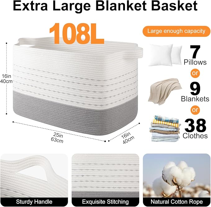 OIAHOMY 108L Extra Large Blanket Basket, 25”x16”x16” Rectangle Woven Cotton - Image 3
