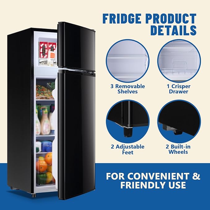 4.5 CU.FT Capacity Compact Refrigerator with Freezer Double Door Mini Fridge Small Apartment Refrigerator with 7 Adjustable Temp Control & 3 Glass Shelves for Kitchen Office Dorm Black