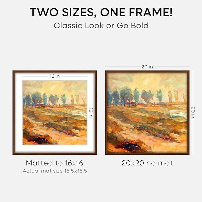 Homeforia 20x20 Brown Picture Frame, High End Dark Oak 20 x 20 Square Wood Frame with Mat 16 x 16 for Photo, 20by20 Wooden Walnut Poster Frame Matted to 16x16 Print, Tempered Glass, Wall Kit, Set of 3