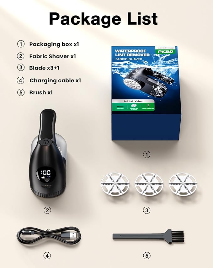 PKBD IPX6 Waterproof Washable Electric Fabric Shaver and Lint Remover, - Image 8