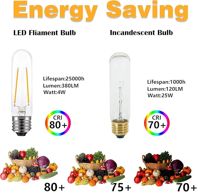 T10 Edison LED Tube Bulbs - Warm White, 2700K, Dimmable - Vintage Style, 4W Equivalent to 40W Incandescent, E26 Base, 3 Pack for Pendant Lights & Desk Lamps