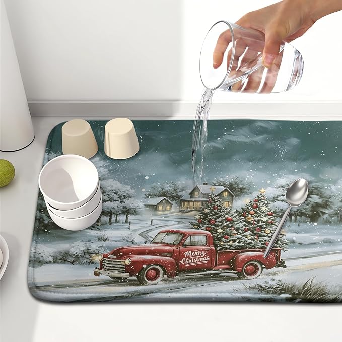 Merry Christmas Decorations Dish Drying Mat 16x18 Inch | Red Truck Xmas Tree - Image 6